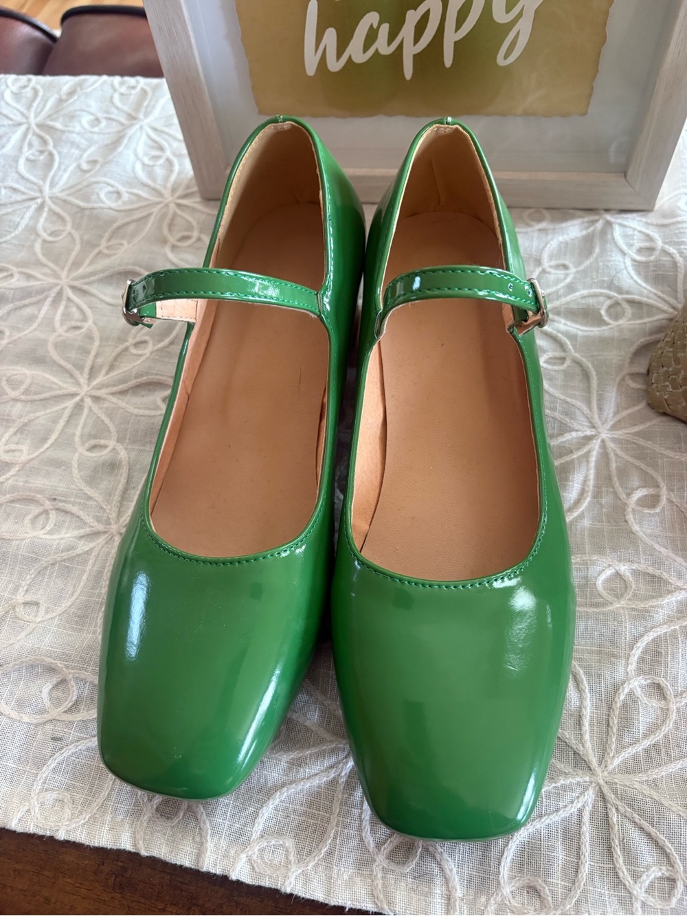 Green Patent Mary Jane Square Toe Block Heel Shoes EU 39/7.5 US